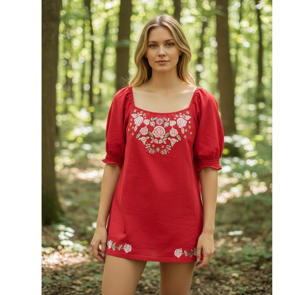 Herencia Collection Red Embroidered linen‎ blend boho Puff Sleeve mini Dress XL